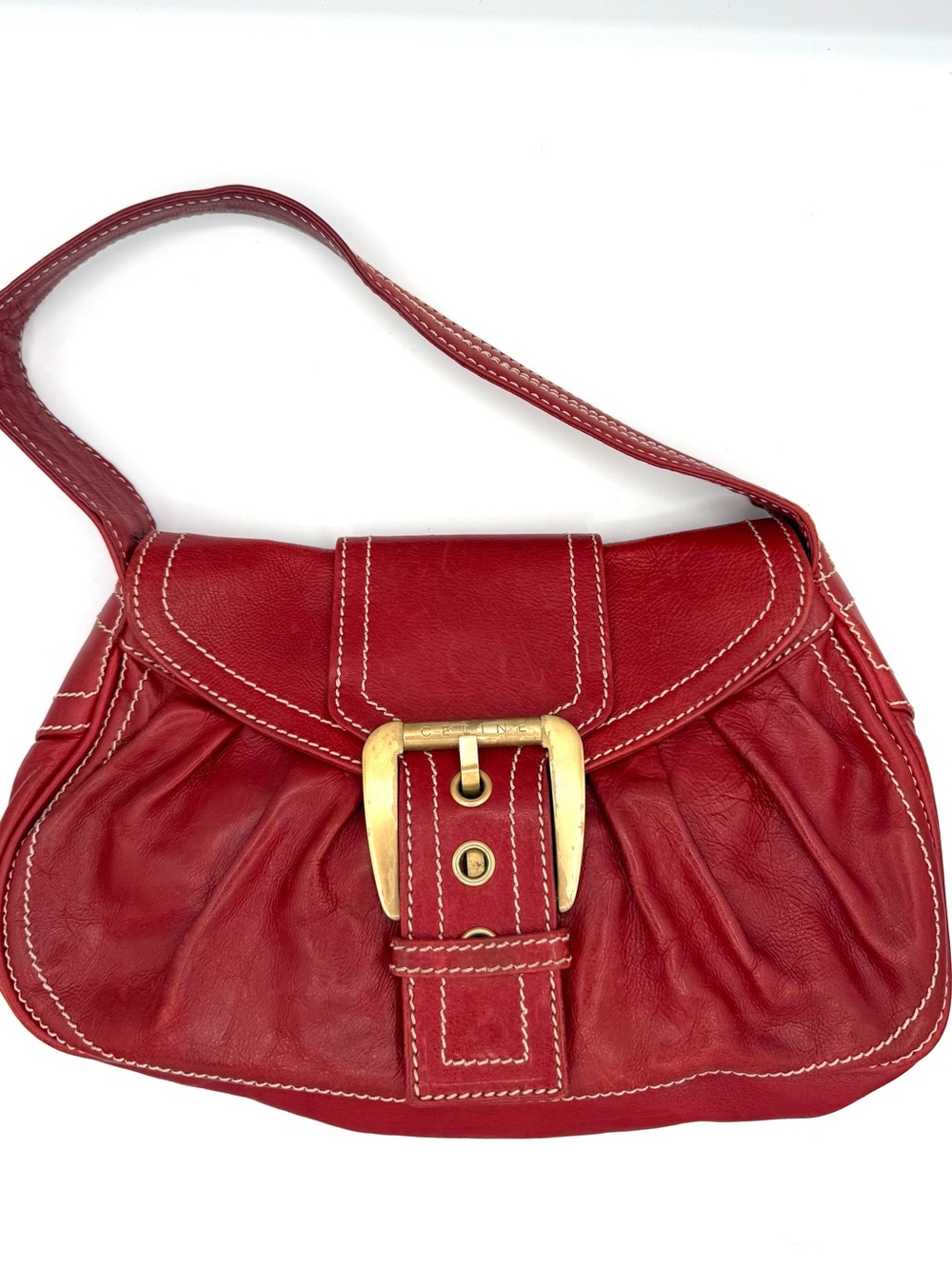 Celine Red Leather Shoulder Bag with Gold Buckle Accent